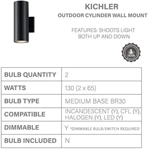 Miniatura 5 de Kichler Cylinders - Aplique de pared para exteriores de 12 pulgadas en negro, lámpara de pared exterior de 2 luces, accesorio cilíndrico