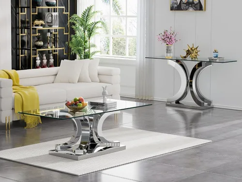 Miniatura 109 de Mesa de centro de cristal de lujo, mesa de centro de sofá de 47 pulgadas con marco de acero inoxidable dorado y parte superior de vidrio negro, mesa