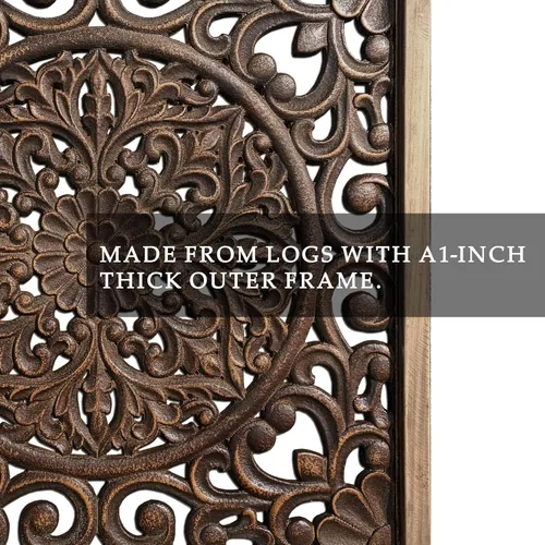 Miniatura 3 de XIAOAIKA Escultura de pared de madera tallada bohemia, intrincado diseño floral de mandala con acabado marrón envejecido, panel de arte de pared