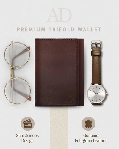 Miniatura 55 de Billetera de triple pliegue con RFID, cuero genuino, delgado, con ventana de identificación, bolsillo frontal, regalo para hombre