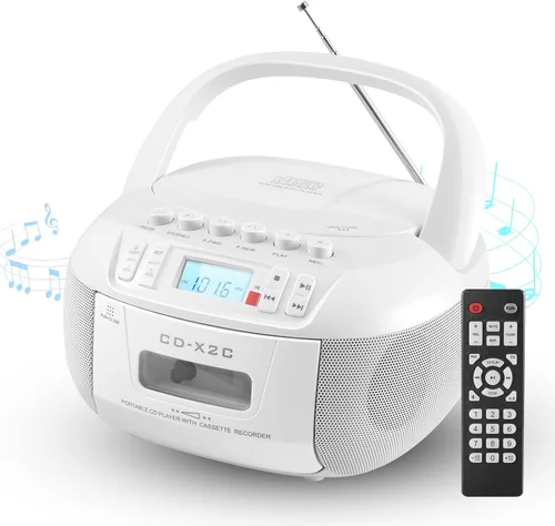 Combo de reproductor de CD y cassette, reproductor de CD portátil Boombox con radio AM/FM Bluetooth/AUX/USB Drive Grabación de cinta para Blanco