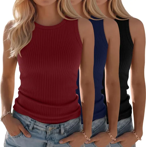 Miniatura 26 de Paquete de 3 camisetas sin mangas de algodón para mujer, de punto acanalado, casuales, básicas, de cuello redondo, ajustadas, de verano, con espalda