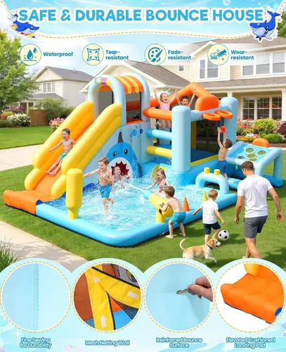 Miniatura 5 de Toboganes acuáticos inflables 24 en 1 con diseño de cueva de tiburón de unicornio, casa de rebote para patio trasero de niños con soplador, piscina