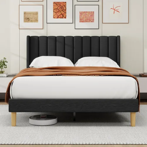 Miniatura 13 de alazyhome - Marco de cama tapizado de plataforma tamaño Queen con cabecera, soporte de listones de madera, sin ruido, fácil montaje, terciopelo beige