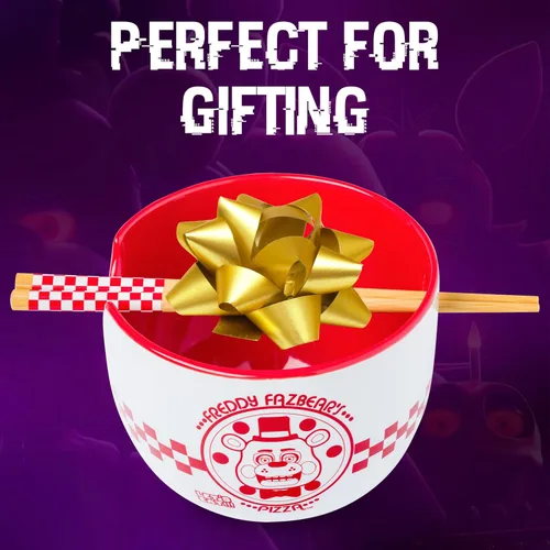 Miniatura 7 de Silver Buffalo Five Nights at Freddy's Freddy Fazbear - Cuenco de cerámica para fideos ramen y arroz con diseño de caja de pizza, con palillos