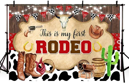 Miniatura 4 de AIBIIN Fondo de 10 x 7 pies con texto en inglés "My First Rodeo", para primer cumpleaños, fotografía de vaquero occidental, estampado de vaca, Marrón