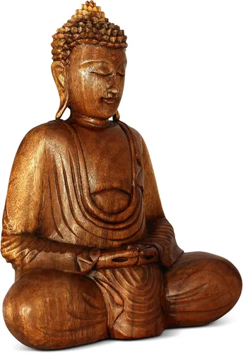 Miniatura 5 de G6 Collection Estatua de Buda de madera serena sentada hecha a mano, escultura meditante, figura de madera, acento decorativo, rústico, hecho a