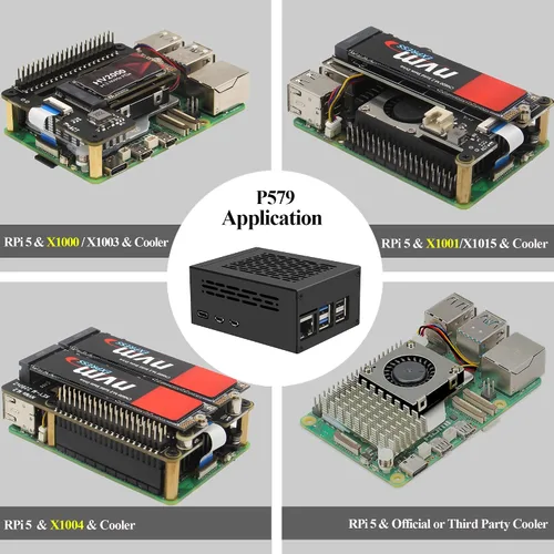 Miniatura 3 de Geekworm Funda de metal PCIe P579 con enfriador activo oficial Pi 5 para Raspberry Pi 5, soporte superior M.2 NVMe HAT X1001/X1004/X1003/X1015/X1000