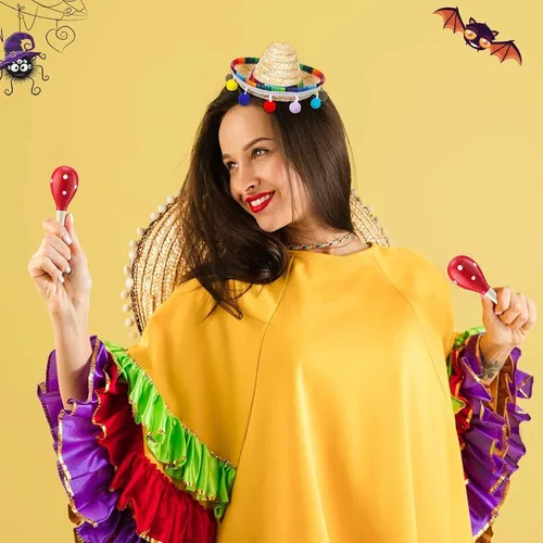 Miniatura 6 de Jexine Juego de 30 piezas de fiesta de Cinco de Mayo, incluye 10 diademas mexicanas con sombrero y 20 maracas de madera, mini sombreros