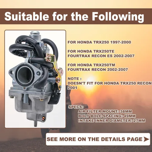 Miniatura 3 de Carburador Recon 250 apto para Honda TRX 250 Recon250 TRX250TM TRX250TE ATV Carb con filtro de aire y llave de combustible