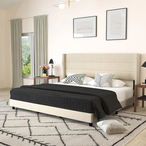 Miniatura 20 de Merrick Lane Percy - Cama de plataforma moderna, lino sintético beige, tamaño Queen, cabecero acolchado con respaldo con alas cosidas de canal