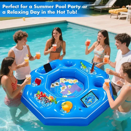 Miniatura 7 de Mesa de juego inflable octogonal con naipes impermeables, juegos inflables de bar de piscina para adultos, bandeja de mesa de bar portátil flotante