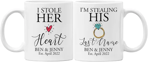 Miniatura 12 de Juego de tazas personalizadas de Mr & Mrs – Nombres personalizados, bodas, San Valentín, compromiso, regalos de despedida de soltera, tazas