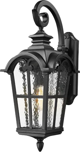 Miniatura 12 de Emliviar Aplique de Pared Vintage para Exteriores con Vidrio de Ondas de Agua, Linterna de Pared para Porche Delantero de 17.5", Acabado Negro