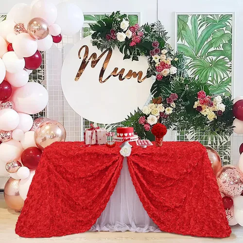 Miniatura 34 de Fanqisi Mantel de rosetón de 50x80 pulgadas, patrón de rosas, color púrpura, mantel de satén con rosetones de lino para decoración de mesa