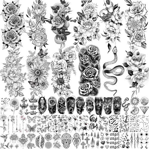Miniatura 24 de COKTAK 64 hojas grandes de tatuajes temporales de brazo negro para hombres, antebrazo, mujeres, muslo, media manga, animales, león, tigre, lobo