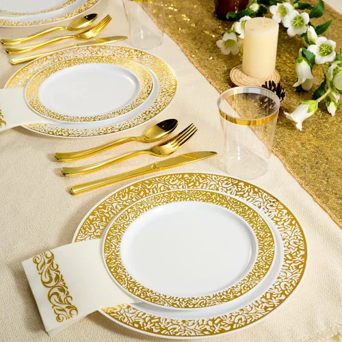 Miniatura 5 de FOCUSLINE Juego de 102 platos de plástico dorados desechables con encaje dorado, 51 platos llanos de 10.25 pulgadas y 51 platos de ensalada