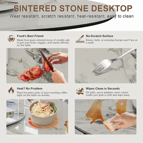 Miniatura 4 de Mesa de comedor redonda, mesa de comedor de piedra sinterizada blanca, base moderna de acero inoxidable sólido