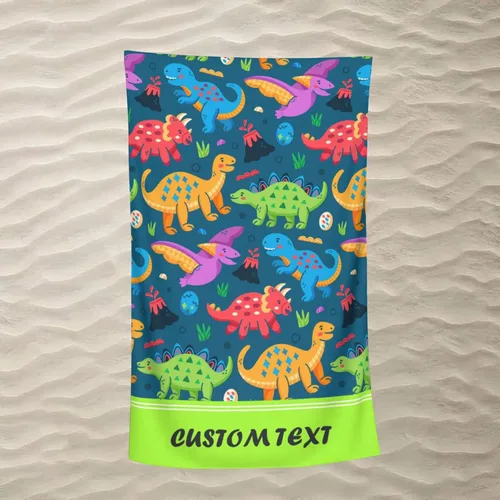 Miniatura 3 de Toalla de playa personalizada, toallas de playa personalizadas de animales de dinosaurio coloridos con nombre y foto, imagen de texto, toallas