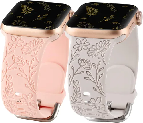 Miniatura 8 de Paquete de 2 correas deportivas grabadas con flores compatibles con correas de Apple Watch de 1.496 pulgadas, 1.575 pulgadas, 1.614 pulgadas