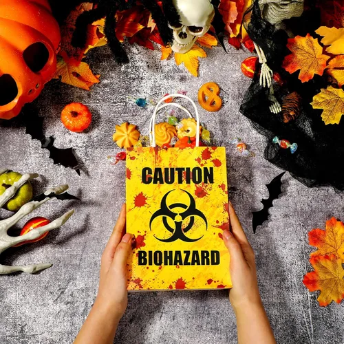 Miniatura 4 de TaoBary 24 bolsas de regalo de Halloween de peligro biológico de Halloween, bolsas de regalo de papel con asas, temática de zombies, recuerdos