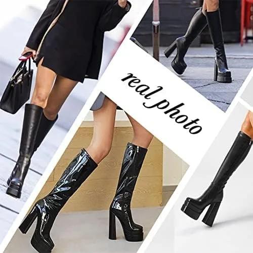 Miniatura 5 de Wryffneea Platform Boots for Women Square Toe Side Zip Goth Punk Wedge Block High Chunky Heel Motorcycle Riding GoGo Knee High Boots