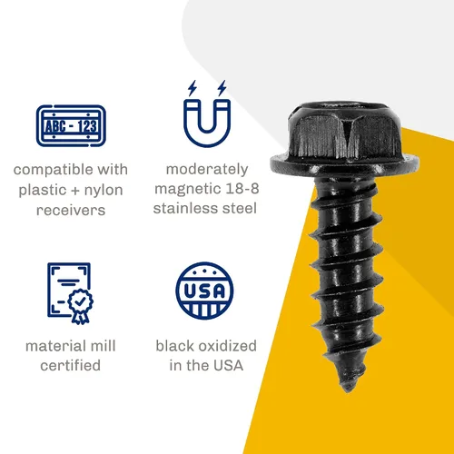 Miniatura 4 de Tornillos negros para matrícula, acero inoxidable 18-8, acabado de óxido negro aplicado en los Estados Unidos por Makers Bolt (paquete de 4)