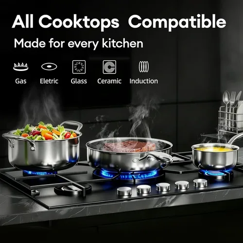 Miniatura 3 de COOKER KING Juego de utensilios de cocina de acero inoxidable, juego de 8 ollas y sartenes, utensilios de cocina de cerámica híbrida, sartenes