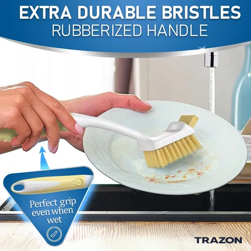 Miniatura 6 de Juego de 5 cepillos para platos con soporte, cepillos de cocina con mango largo antideslizante para limpieza, fregador, lavavajillas, platos, Baige