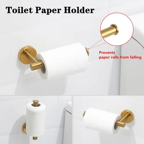 Miniatura 4 de El juego de 4 piezas de accesorios de baño de acero inoxidable dorado cepillado incluye anillo para toalla de mano, soporte para papel higiénico y 2