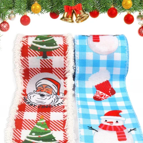 Miniatura 9 de Threetols 2 rollos de cintas de Navidad con borde con alambre de 10 yardas, cintas de arpillera de rayas rojas y verdes de 2.5 pulgadas, cinta