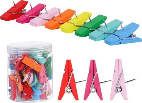 50 clips de empuje para pulgar, bonitos clips de madera coloridos para la ropa, para tablero de corcho, chinchetas para niños para tablón de Con