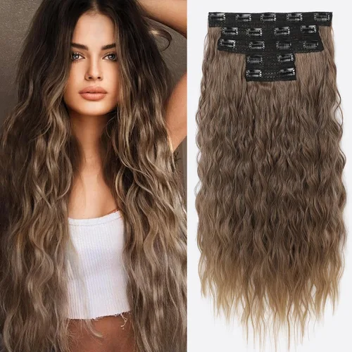 Miniatura 12 de REECHO Extensiones de cabello con clip, 5 piezas, de 24 pulgadas, de color rubio ceniza, extensiones de cabello con ondas largas y sueltas, HE002