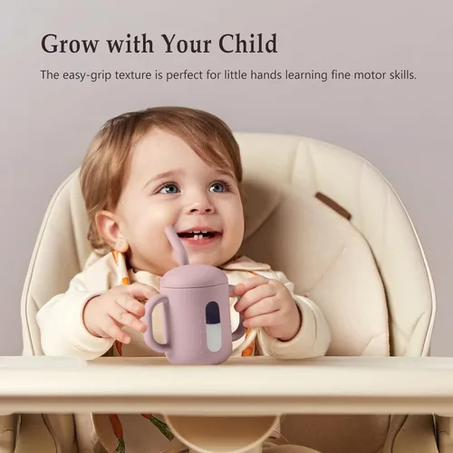 Miniatura 4 de CLYMENE Taza de entrenamiento de silicona con popote y asas, taza para beber para bebé, taza para beber agua para bebés y niños pequeños de 6 meses