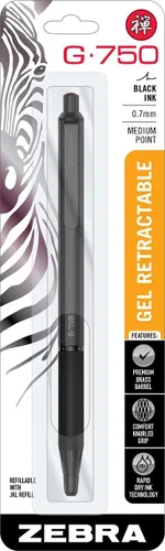 Zebra Pen Bolígrafo de gel de alta calidad de la serie STEEL: G-750 retráctil, tinta negra de punta media de 0.028 in, tinta de secado rápido, Negro
