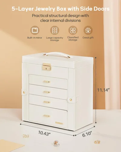 Miniatura 20 de Homde Regalos de Navidad de cuero sintético, enorme joyero, organizador de reloj con espejo, collar, anillo y aretes, estuche de regalo con Dorado