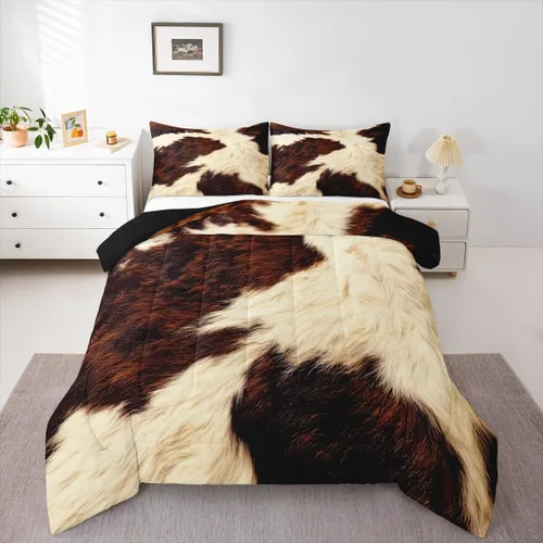 Miniatura 12 de Juego de edredón de piel de vaca, edredón de plumón con estampado de vaca, juegos de ropa de cama de teñido anudado negro y marrón para niños