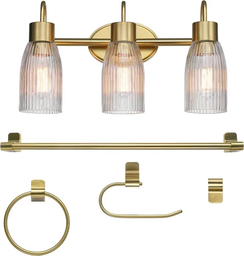 Miniatura 16 de GLOBE Electric 63000062 - Juego de baño todo en uno de 5 piezas, negro mate y latón, luz de tocador de 3 luces, vidrio sembrado, toallero, soporte