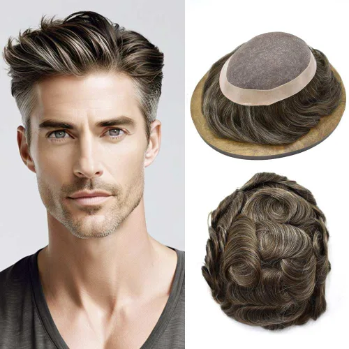 Miniatura 21 de Tupé para hombre, pieza de cabello humano real, monofilamento, tupé para hombres, postizos, unidades de sistema de reemplazo de cabello, gris