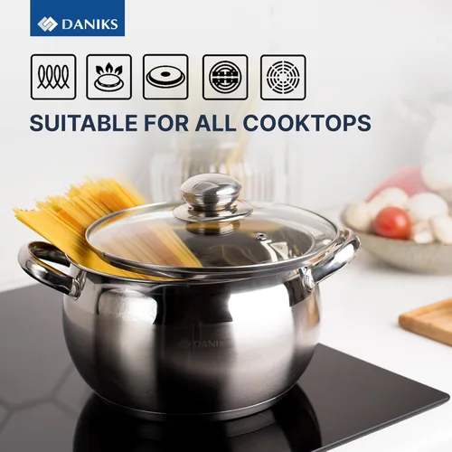 Miniatura 8 de Daniks Juego clásico de utensilios de cocina de acero inoxidable de 11 piezas con tapas de vidrio, incluye cacerola y sartén con tapa, bases de tres
