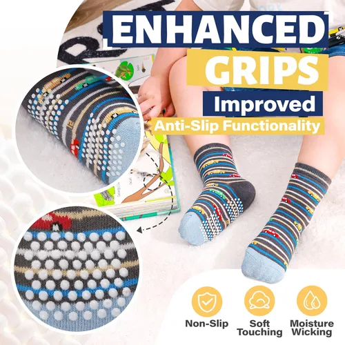 Miniatura 4 de ANTSANG - Calcetines antideslizantes para niños pequeños con agarre, para niños y niñas, diseños divertidos de autos y dinosaurios, 12 pares