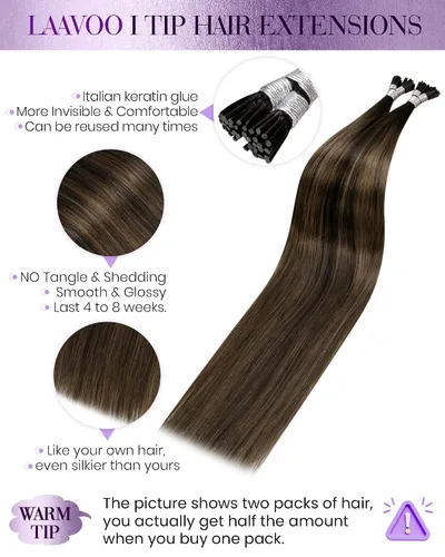 Miniatura 2 de LaaVoo I Tips - Extensiones de cabello humano real con punta en I, color marrón oscuro con balayage, extensiones de cabello humano con punta en I