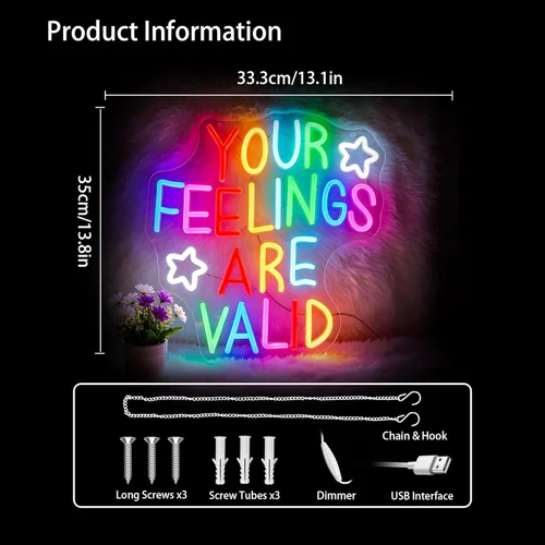 Miniatura 3 de Neon Sign for Wall Decor Dimmable Your Feelings Are Valid Neon Sign Led Neon Lights Light Up Signs for Room Gift Decoration USB Powered