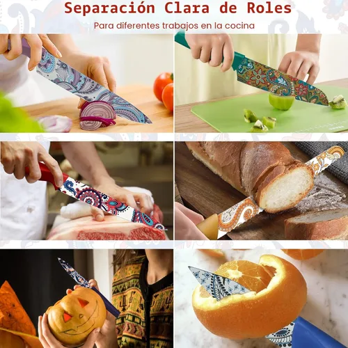 Miniatura 8 de Astercook Juego de cuchillos con diseño de cachemira con tapa, cuchillos coloridos aptos para lavavajillas con 6 fundas de cuchillos, juego