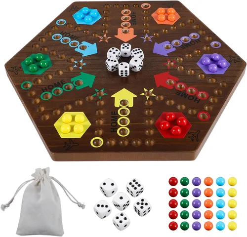 Wahoo - Juego de mesa de mármol para 4 y 6 jugadores, juego de mesa de madera gruesa pintada de 2 caras para fiesta de familiares y amigos