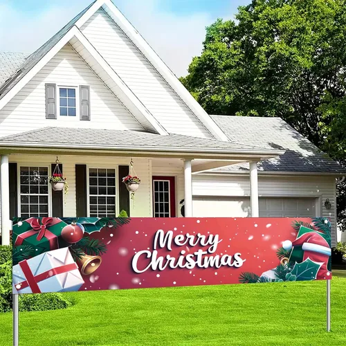 Miniatura 3 de Cartel de Navidad de 118 x 20 pulgadas, fondo rojo, cajas de regalo, campanas de acebo, sombrero de Papá Noel, decoración de pared, suministros