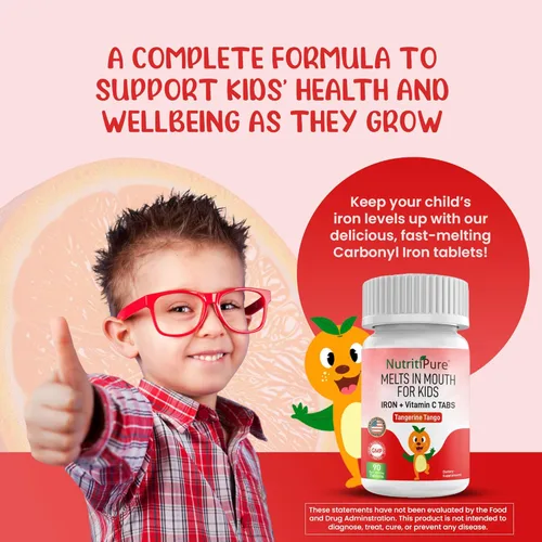 Miniatura 4 de Suplementos de hierro masticables para niños (hierro feronyl/carbonil 9 mg con vitamina C 30 mg) Tableta en sabor mandarina tango naranja suplemento
