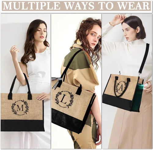 Miniatura 6 de YOOLIFE Regalos personalizados para mujeres, bolsa de yute con inicial y bolsa de maquillaje, regalos de cumpleaños para mujeres, mamá, esposa