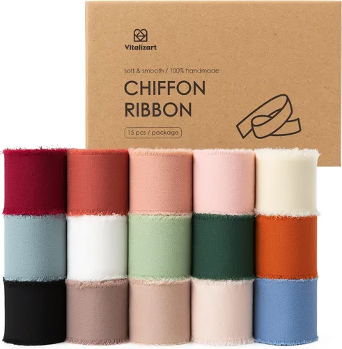 Miniatura 7 de Vitalizart Cinta de seda de gasa marrón hecha a mano con flecos de 1.5 pulgadas x 21 yardas, bordes deshilachados marrón y nude para invitaciones