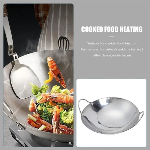 Miniatura 7 de Happyyami Sartén de metal para wok, 2 piezas de acero inoxidable, sartén pequeña con doble mango antiadherente para estufas de gas eléctricas